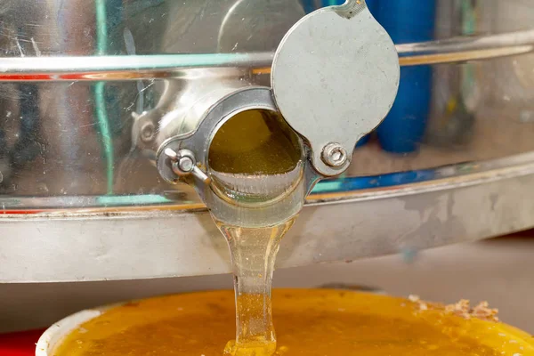 Close Picture Fresh Organic Acacia Honey Flowing Out Extractor Machine — Stock Photo, Image