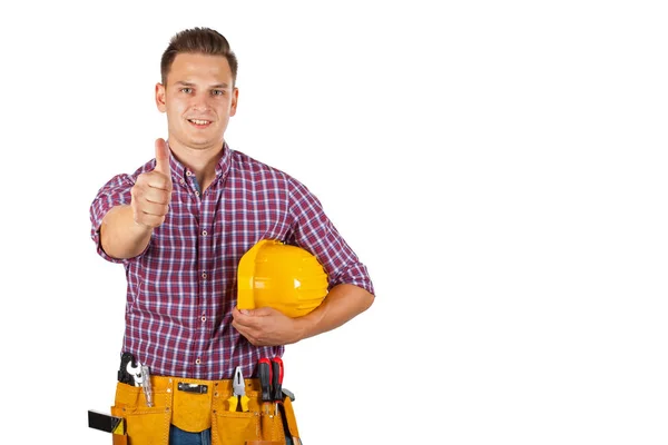 Handsome Construction Worker Yellow Tool Belt Helmet Showing Thumbs Isolated — Stock Photo, Image