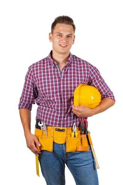 Trabalhador Construção Bonito Com Cinto Ferramenta Amarelo Capacete Sorrindo Para — Fotografia de Stock