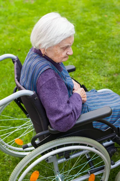 Alte Dame Sitzt Demenz Rollstuhl Und Verbringt Zeit Freien — Stockfoto