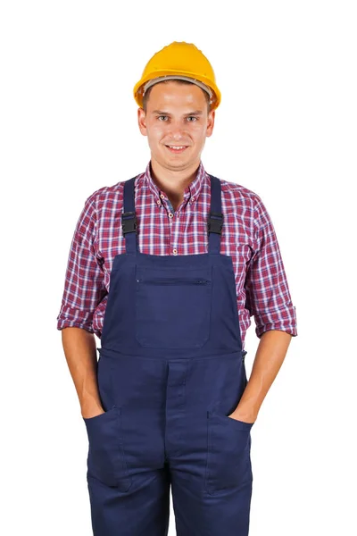 Trabalhador Construção Confiante Com Chapéu Amarelo Sorrindo Para Câmera Fundo — Fotografia de Stock