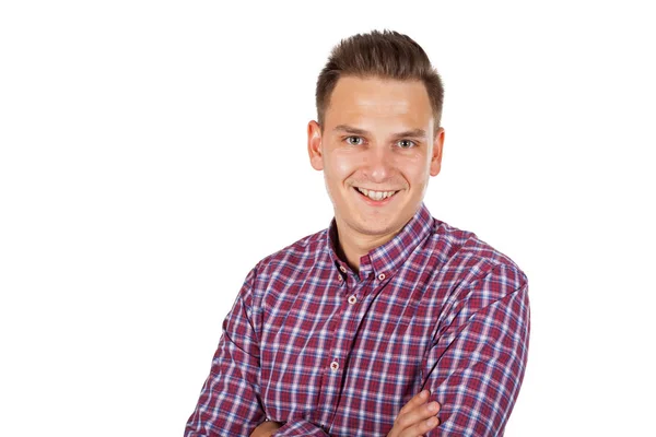 Young Businessman Arms Crossed Smiling Camera Isolated Background — Stock Photo, Image