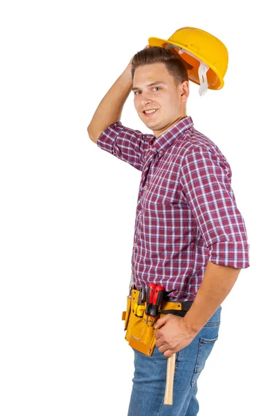 Jovem Reparador Atraente Com Capacete Amarelo Cinto Ferramentas Fundo Isolado — Fotografia de Stock