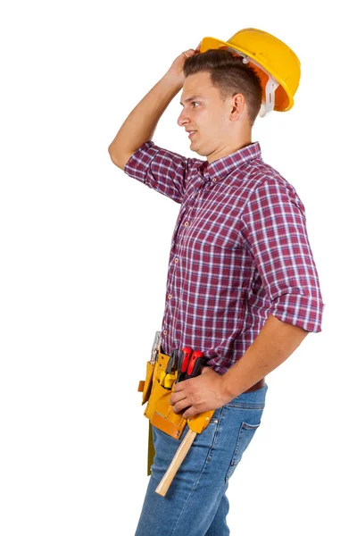 Atractivo Joven Reparador Con Casco Amarillo Cinturón Herramientas Sobre Fondo — Foto de Stock