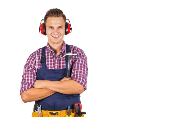 Jeune Ingénieur Souriant Avec Casque Écouteurs Sur Fond Isolé — Photo