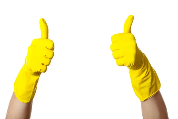 Young Man Wearing Yellow Gloves Holding Cleaning Supplies Housekeeper — Stock Photo, Image