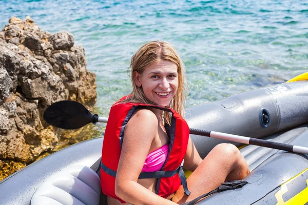 Happy Young Woman Kayaking Adriatic Sea Krk Island Croatia — Stock Photo, Image