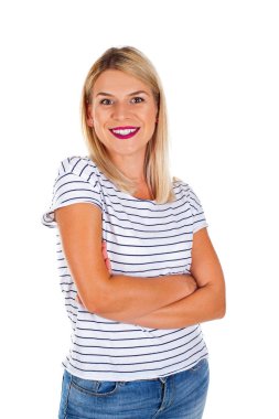 Çekici kadın makyaj ve rahat giyim izole kamera için gülümsüyor