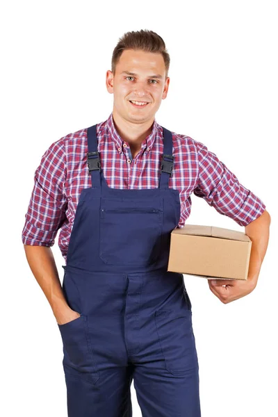 Trabajador Guapo Uniforme Entrega Paquete Una Caja Cartón Aislado — Foto de Stock