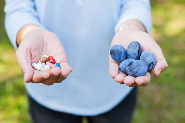 Close Picture Female Holding Ripe Plums Medical Drugs Her Hands — Stock Photo, Image