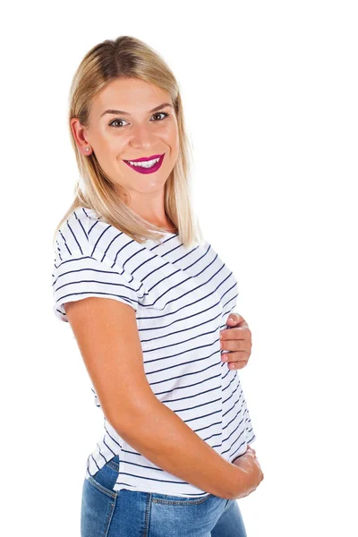 Vrolijke Jonge Zwangere Vrouw Met Haar Buik Eerste Trimester Van — Stockfoto