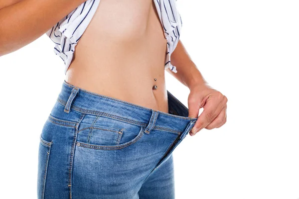 Close Foto Van Vrouw Met Jeans Weightloss Sexy Taille — Stockfoto