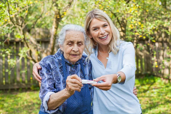 Happy Woman Expecting Baby Holding Pregnancy Test Spending Time Future — Stock Photo, Image