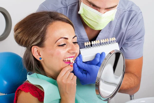 Zahnärztliche Farbbestimmung Mit Schattenführung Patientin Trägt Rosa Lippenstift Aus Nächster — Stockfoto