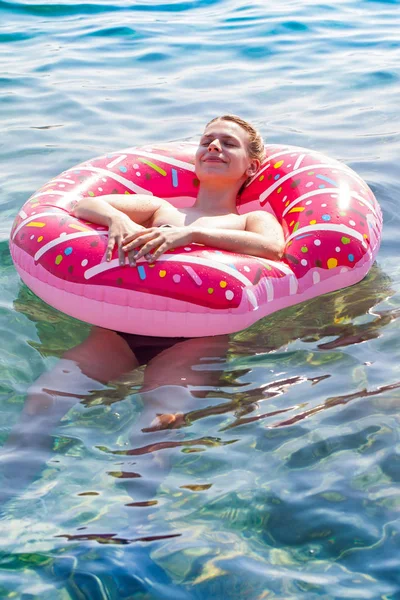 Cheerful Young Woman Holding Pink Inflatable Doughnut Adriatic Sea Croatia — Stock Photo, Image