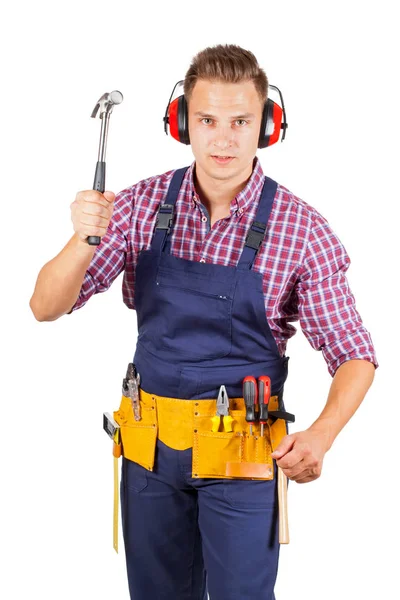 Portrait Handsome Repairman Holding Tools Smiling Camera Isolated — Stock Photo, Image