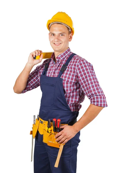 Retrato Belo Reparador Segurando Ferramentas Sorrindo Para Câmera Isolado — Fotografia de Stock