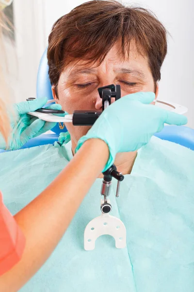 Seniorpatient Wearing Facebow Transfer Functional Aesthetic Components Patient Mouth Dental — Stock Photo, Image