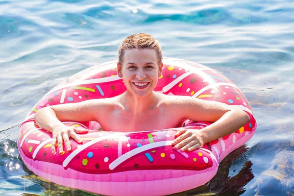 Cheerful Young Woman Holding Pink Inflatable Doughnut Adriatic Sea Croatia — Stock Photo, Image