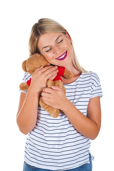 Encantadora Mujer Feliz Sosteniendo Juguete Favorito Infancia Oso Peluche Sobre — Foto de Stock