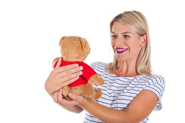 Encantadora Mulher Feliz Segurando Brinquedo Favorito Sua Infância Urso Pelúcia — Fotografia de Stock