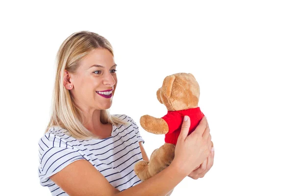 Charmante Gelukkige Vrouw Met Haar Childhood Favoriete Speeltje Een Teddybeer — Stockfoto