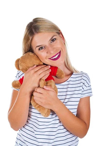 Очаровательная Счастливая Женщина Держит Любимую Игрушку Своего Детства Плюшевого Медведя — стоковое фото