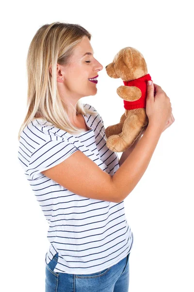 매력적인 그녀의 유년기의 좋아하는 장난감 배경에 베어를 — 스톡 사진