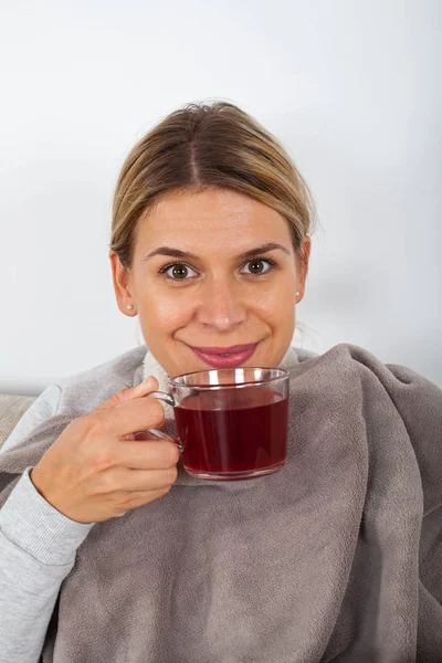 Sick Young Woman Resting Sofa While Drinking Hot Tea Holding — Stock Photo, Image