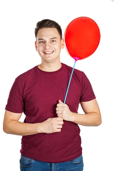 Ragazzo Sorridente Che Tiene Palloncino Rosso Isolato Concetto Celebrazione Compleanno — Foto Stock