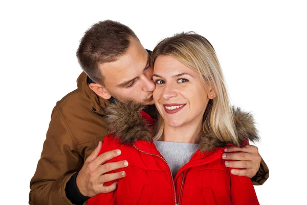 Par Som Bär Vinter Kläder Röda Och Bruna Hooded Parka — Stockfoto