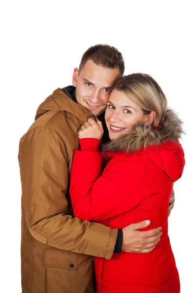 Young Couple Wearing Red Brown Winter Parka Jacket Posing Isolated — Stock Photo, Image