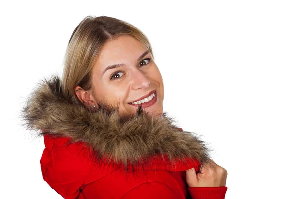 Mulher Loira Atraente Vestindo Casaco Inverno Vermelho Com Capuz Peludo — Fotografia de Stock