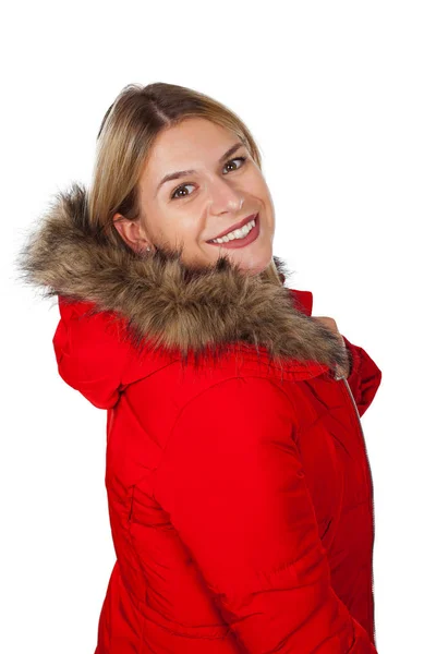 Aantrekkelijke Blonde Vrouw Draagt Een Rode Winter Jas Met Bont — Stockfoto