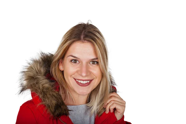 Attractive Blonde Woman Wearing Red Winter Jacket Furry Hood Smiling — Stock Photo, Image