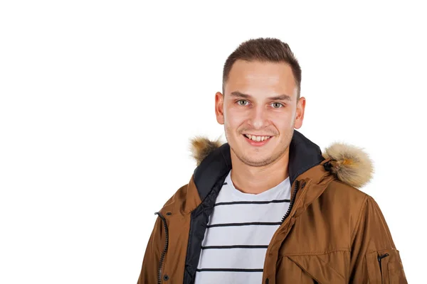 Bello Giovane Uomo Che Indossa Una Giacca Parka Invernale Marrone — Foto Stock