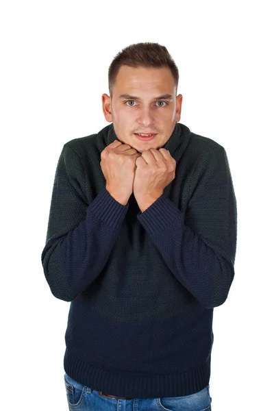 Hombre Joven Guapo Con Suéter Punto Caliente Está Mirando Cámara —  Fotos de Stock