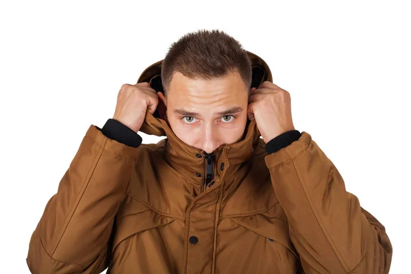 Handsome Young Man Wearing Light Brown Winter Parka Jacket Smiling — Stock Photo, Image