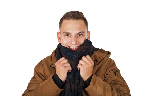 Bonito Jovem Vestindo Uma Jaqueta Parka Inverno Marrom Claro Sorrindo — Fotografia de Stock