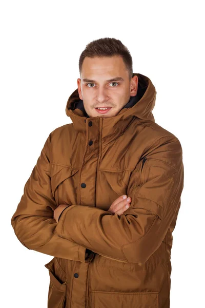 Красивый Молодой Человек Светло Коричневой Зимней Куртке Парки Улыбается Камеру — стоковое фото
