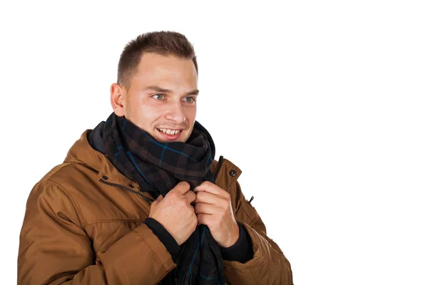 Bonito Jovem Vestindo Uma Jaqueta Parka Inverno Marrom Claro Sorrindo — Fotografia de Stock