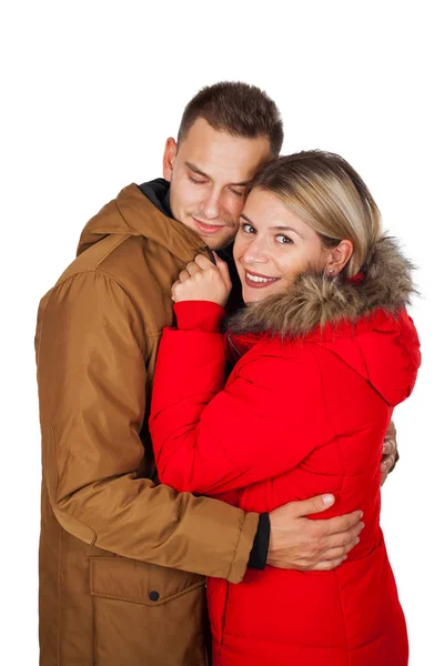Young Couple Wearing Red Brown Winter Parka Jacket Posing Isolated — Stock Photo, Image