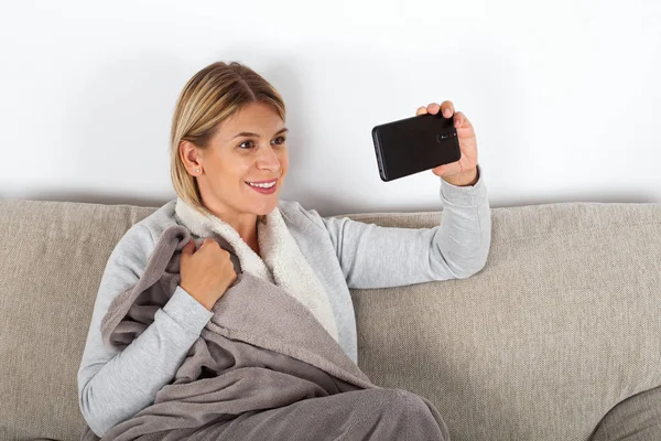 Attractive Young Woman Having Video Call Friend While Relaxing Couch — Stock Photo, Image