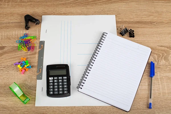 Herramientas Aprendizaje Escolar Cuaderno Bolígrafo Tijeras Calculadora Regla Etc Sobre — Foto de Stock