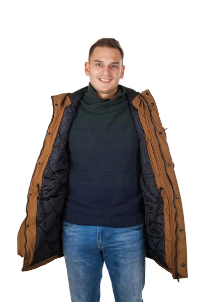 Pohledný Mladý Muž Sobě Zimní Kabát Neformální Oblek Usmívající Kameru — Stock fotografie
