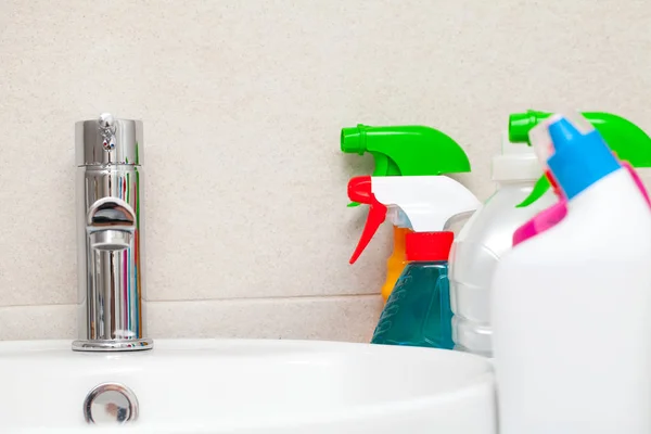 Colorful Bottles Detergent Extra Hygiene Bathroom — Stock Photo, Image