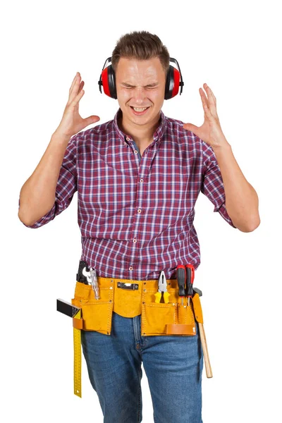 Portrait Handsome Repairman Holding Tools Smiling Camera Isolated — Stock Photo, Image