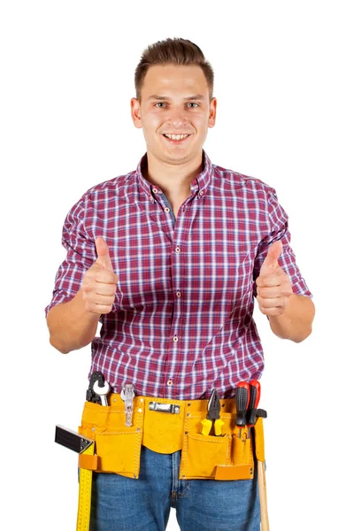 Retrato Belo Reparador Segurando Ferramentas Sorrindo Para Câmera Isolado — Fotografia de Stock