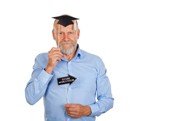 Senior Man University Degree Looking Job Holding Photo Booth Accessories — Stock Photo, Image