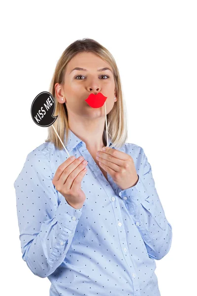 Attractive Young Woman Holding Photo Booth Accessories Kiss Baby Concept — Stock Photo, Image